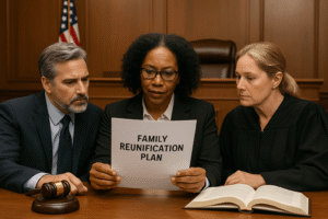Courtroom professionals reviewing family reunification plan